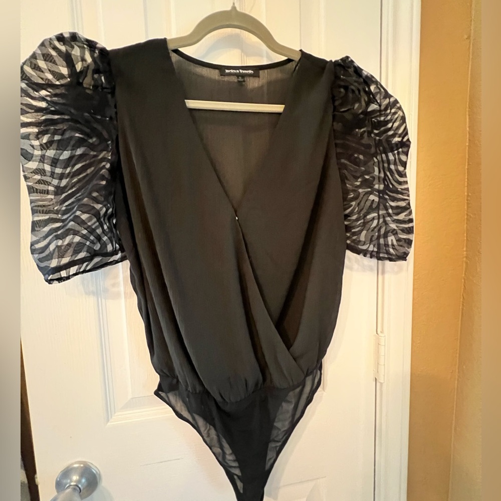 Jealous Tomato Black Bodysuit with Sheer Puff Sleeves, Size Small